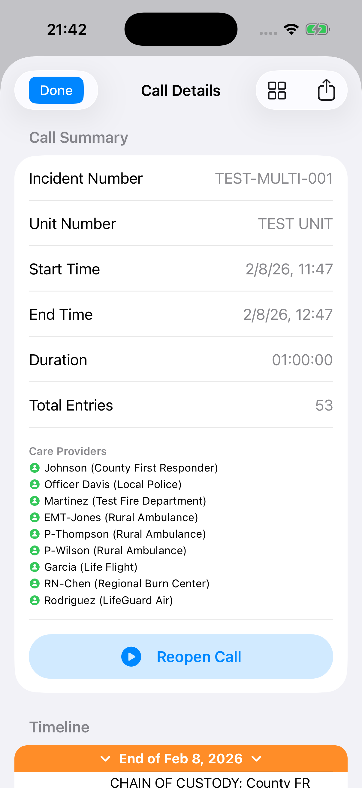 Call Details showing Care Providers